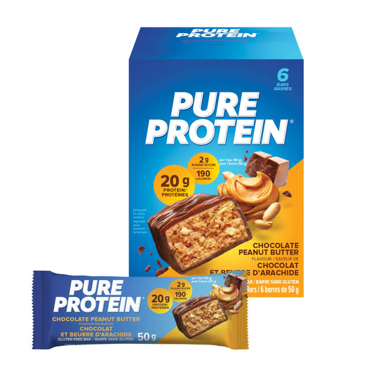 Pure Protein Bars - Nutritious, Gluten Free bar, made with Whey protein blend - low sugar snack. Deliciously satisfying. Chocolate Peanut Butter (Pack of 6)