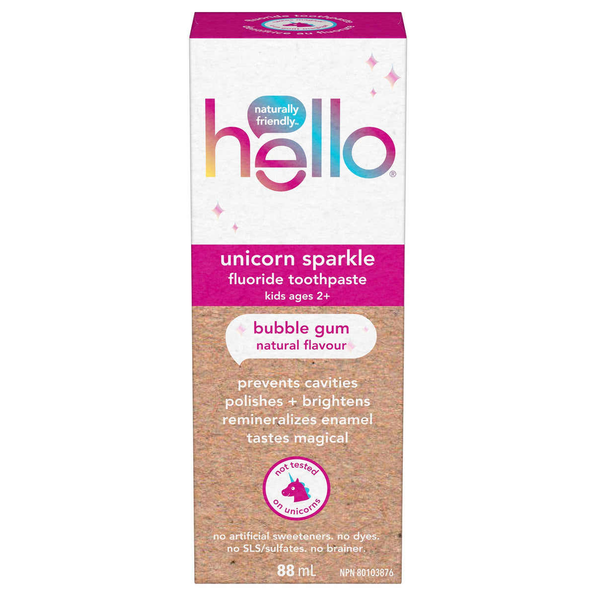 hello Kids Fluoride Toothpaste, Vegan and Sls Free, Unicorn Sparkle, Natural Bubble Gum, 88 mL