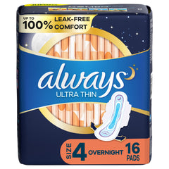 Always Ultra Thin Feminine Pads with Wings for Women, Size 4, Overnight Absorbency, Unscented, Up to 100% Leak-Free Comfort, 16 Count