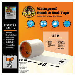 Gorilla Waterproof Patch & Seal Tape, 4" x 8', Clear, (Pack of 1)