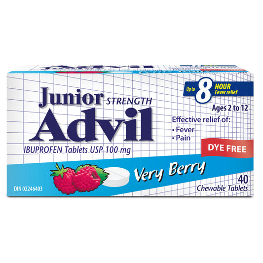 Junior Strength Advil Ibuprofen Dye-Free Chewable Tablets for Pain and Fever Relief, Very Berry, 40-Count