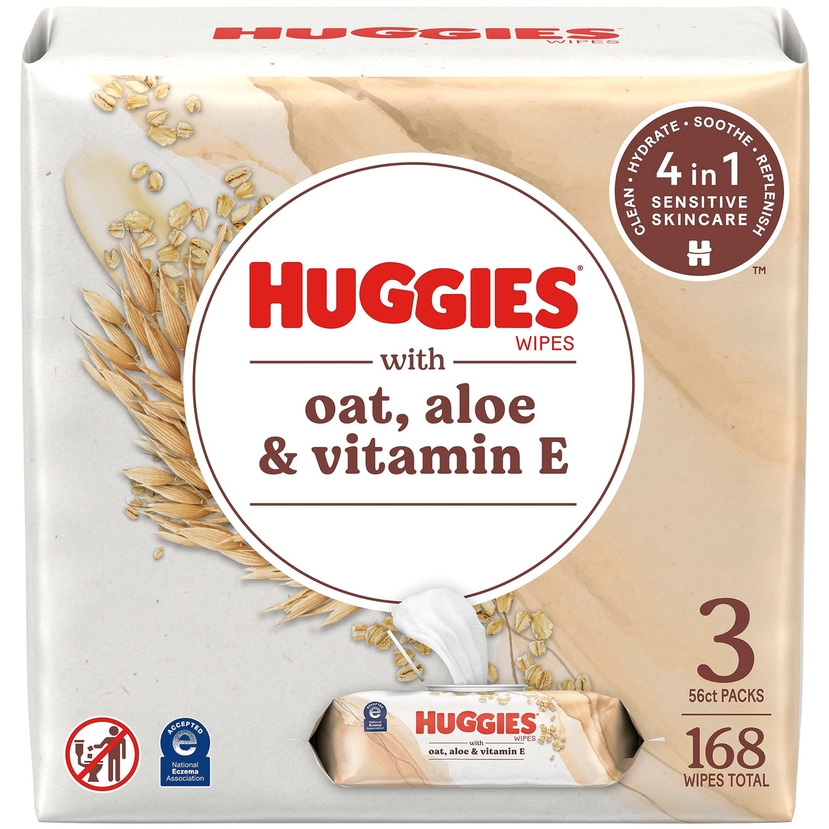 Huggies Wipes with Oat, Aloe & Vitamin E, Unscented, 3 Push Button Packs (168 Wipes Total)