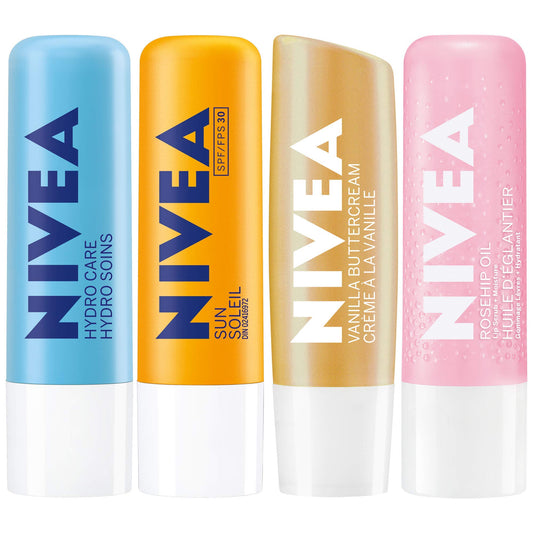 NIVEA Hydrating Caring Lip Balm Moisturizer Gift Pack | 24H Intensive Moisture | For Lasting Soft Smooth Lips | Includes NIVEA Sun SPF30 Lip Balm, Hydro Care Lip Balm | 4x4.8g Stick