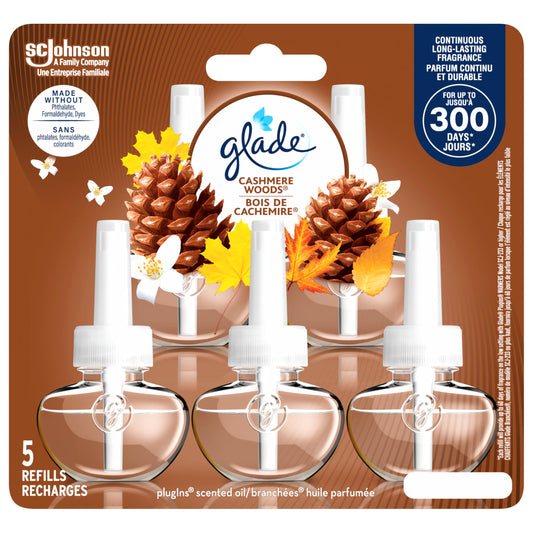 Glade PlugIns Air Freshener Refill, Scented and Essential Oils for Bathroom and Home Fragrance, Cashmere Woods, 5 Count