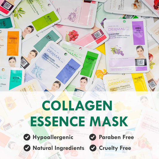 DERMAL 24 Combo Pack Collagen Essence Full Face Facial Mask Sheet - Sensitive Soothing, Anti-Acne, Nourishing Cleansing Korean Face Mask - Natural Skincare Spa Facial Mask Set for Women, Men