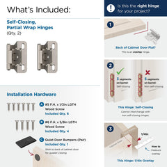 Amerock Cabinet Hinge 1/4 inch (6 mm) Overlay Hinge Satin Nickel 2 Pack Self-Closing Hinge Partial Wrap Hinge Cabinet Door Hinge