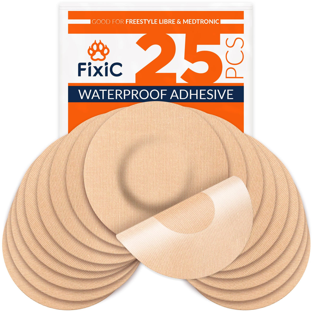 Fixic Freestyle Adhesive Patch 25 PCS – Good for Libre 1, 2, 3 & Plus – Enlite – Guardian – NO Glue in The Center of The Patch – Pre-Cut Back Paper – Long Fixation for Your Sensor! (Tan)