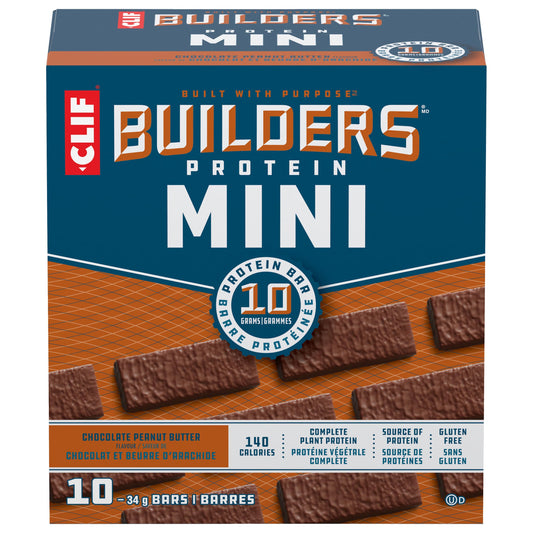 CLIF BUILDERS, Mini Chocolate Peanut Butter Flavour Protein Bars, Gluten Free, No Artificial Flavours, 10 g of protein per bar, Individually Wrapped, 34 g (10 Pack)