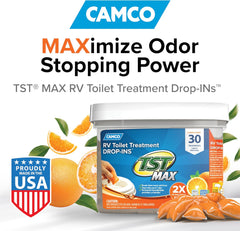 Camco TST MAX Camper / RV Toilet Treatment Drop-INs - Control Unwanted Odors & Break Down Waste and Tissue - Safe Septic Tank Treatment - Orange Scent, 30-Pack (41183)