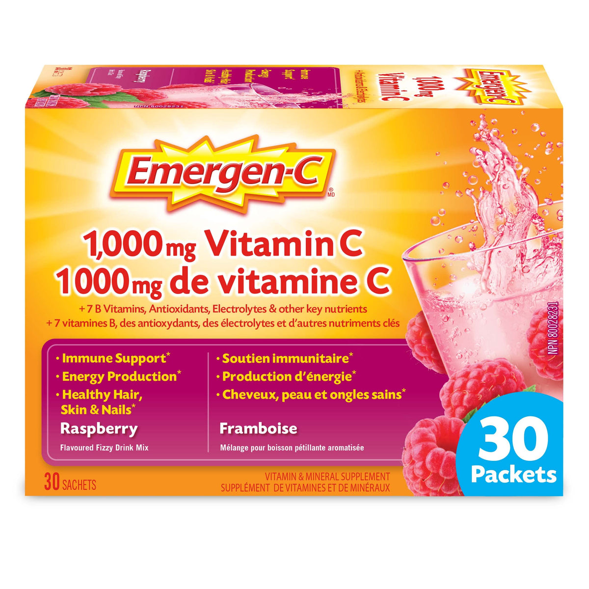 Emergen-C® Raspberry (30 Count), 1000mg Vitamin C / Electrolytes / B Vitamins Mineral Supplement