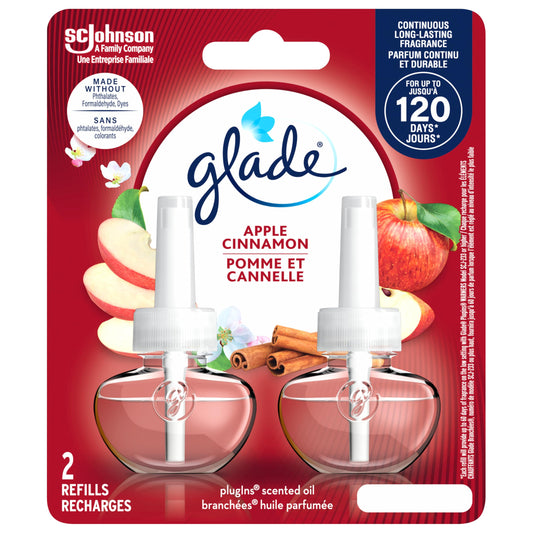 Glade PlugIns Air Freshener Refill, Scented and Essential Oils for Bathroom and Home Fragrance, Apple Cinnamon, 2 Refills (Packaging May Vary)