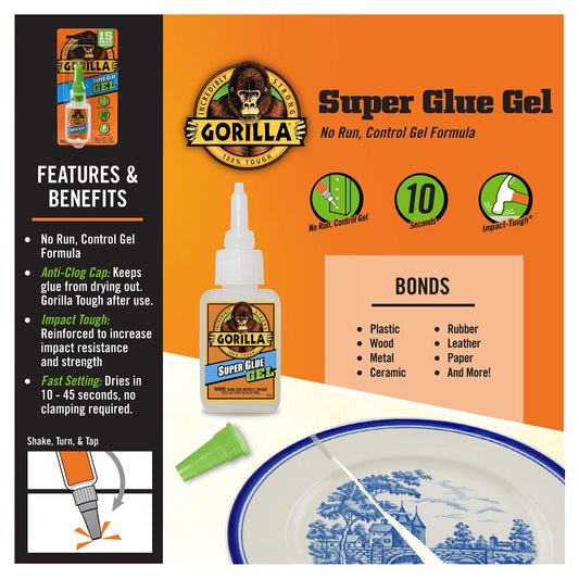 Gorilla Super Glue Gel, Fast-Setting, Thicker Controlled Formula, Anti-Clog Cap, Versatile Cyanoacrylate Glue, Clear, 0.53oz/15g, (Pack of 1), 112441