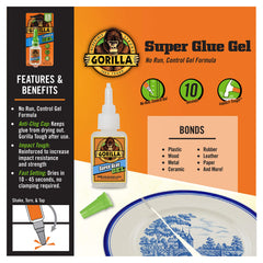 Gorilla Super Glue Gel, Fast-Setting, Thicker Controlled Formula, Anti-Clog Cap, Versatile Cyanoacrylate Glue, Clear, 0.53oz/15g, (Pack of 1), 112441