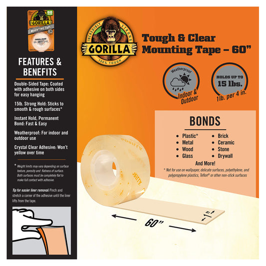 Gorilla Tough & Clear Double Sided Mounting Tape, Hanging, Instant 15lb Strong Hold, Permanent Bond, Weatherproof, 1 in x 60 in, Clear, (Pack of 1), 6065101 (Packaging May Vary)