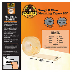 Gorilla Tough & Clear Double Sided Mounting Tape, Hanging, Instant 15lb Strong Hold, Permanent Bond, Weatherproof, 1 in x 60 in, Clear, (Pack of 1), 6065101 (Packaging May Vary)