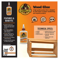 Gorilla Glue Wood Glue, Indoor & Outdoor Carpentry Projects, Paintable, Sandable, Moisture Resistant, Clamping, Natural Color, 4oz/118mL (Pack of 1), 6212001