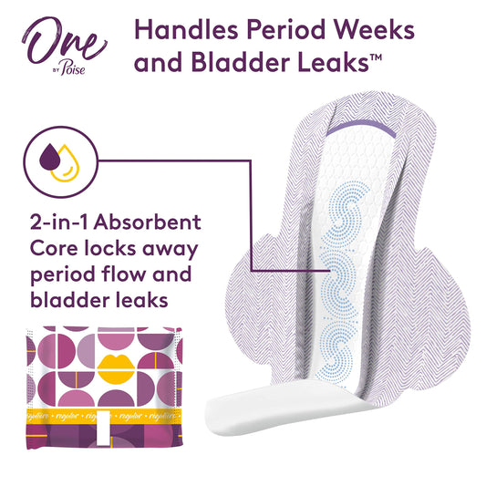 One by Poise Feminine Pads with Wings (2-in-1 Period & Bladder Leakage Pad for Women), Regular Absorbency, 22 Count