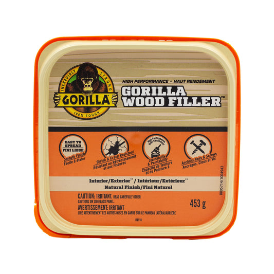 Gorilla High Performance Wood Filler, Stainable & Paintable, Shrink & Crack Resistant, Anchors Nails & Screws, Moldable, Sandable, Natural Color, 453g/16oz, Tub, (Pack of 1), 108039