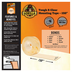 Gorilla Tough & Clear Double Sided XL Mounting Tape, Incredibly Strong Adhesive, Instant Hold, Weatherproof, 1 in x 150 in, Clear, (Pack of 1), 105017