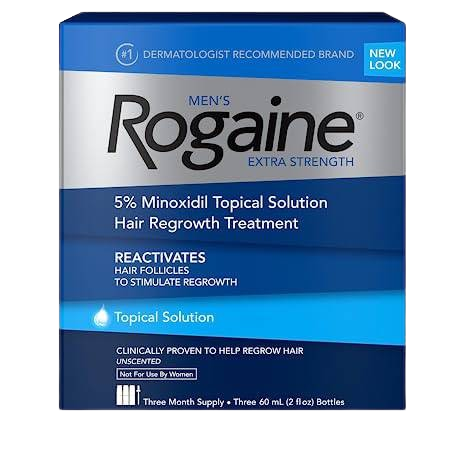 Rogaine Men's Extra Strength 5% Minoxidil Topical Solution for Hair Loss and Regrowth, Treatment for Thinning Hair, 3 Month Supply, Unscented, 2 Fl Oz, Pack of 3