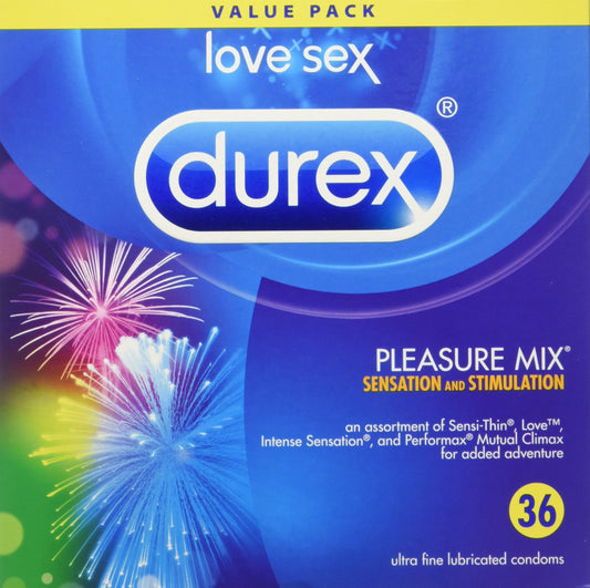 Durex Love Intense Sensation and Performax Mutal Climax Condoms and Pleasure Mix Lubricated Condoms-36 pack