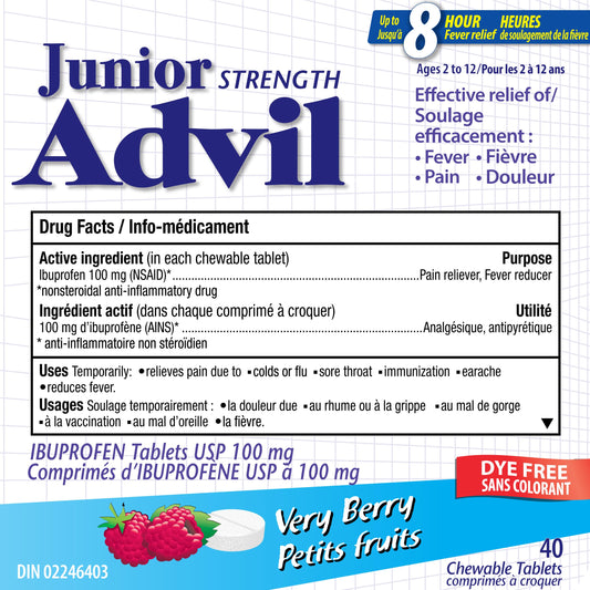 Junior Strength Advil Ibuprofen Dye-Free Chewable Tablets for Pain and Fever Relief, Very Berry, 40-Count