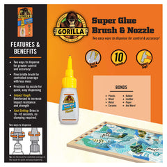 Gorilla Glue Super Glue Brush & Nozzle, Cyanoacrylate Glue, Fine Bristle Brush, Precision Tip Nozzle, Dual Dispensing, Clear, (0.35oz/10g, Pack of 1), 102098