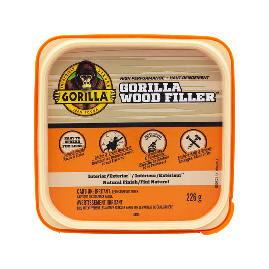 Gorilla High Performance Wood Filler, Stainable & Paintable, Shrink & Crack Resistant, Anchors Nails & Screws, Moldable, Sandable, Natural Color, 226g/8oz, Tub, (Pack of 1), 109001