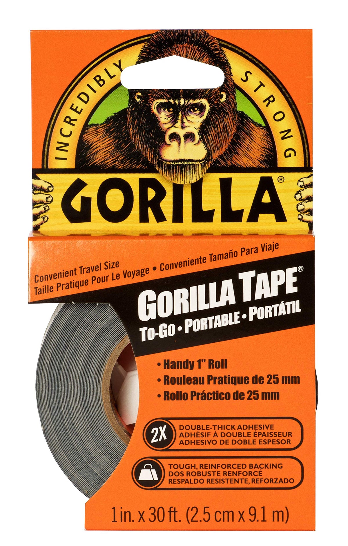 Gorilla Tape To-Go, Double Thick Adhesive, Weather Resistant Shell, Reinforced Backing, Travel Size Roll, Black, 1in x 30ft (2.5cm x 9.14m) Pack of 1 - 6101001