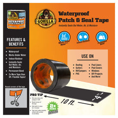 Gorilla Waterproof Patch & Seal Tape, Works Under Water, Indoor & Outdoor Use, Permanent Bond, Instantly Seals, Flexible, 4 in x 10 ft, Black, (Pack of 1) 4670002