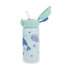 Nuby Thirsty Kids No Spill Flip-It Active Stainless Steel Travel Cup or Water Bottle - 14 Oz - 18+ Months - Mint Whale