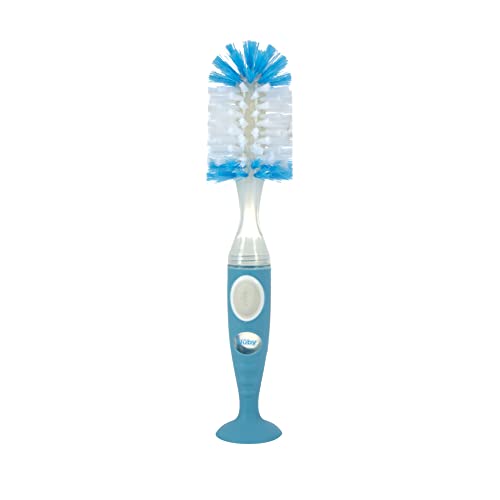 Nuby Easy Clean Dispensing Soft and Durable Bristle Bottle Brush with Textured Handles and Suction Base, 2 in 1 System, Blue