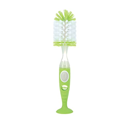 Nuby Easy Clean Dispensing Soft and Durable Bristle Bottle Brush with Textured Handles and Suction Base, 2 in 1 System, Green