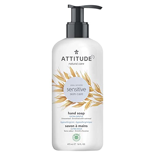 ATTITUDE Extra Gentle Hand Soap for Sensitive Skin Enriched with Oat, EWG Verified, Dermatologically Tested & Hypoallergenic, Vegan & Cruelty-free, Unscented, 473 ml