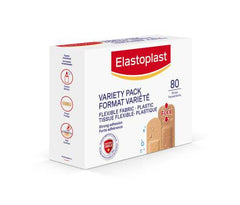 Elastoplast Plastic and Flexible Fabric Bandages, Variety Pack | 80 Strips, beige | All-round Adhesion | Absorbent Non-stick Wound Pad | Flexible & Water-resistant | Bacteria Shield | Latex Free