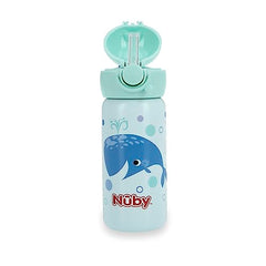 Nuby Thirsty Kids No Spill Flip-It Active Stainless Steel Travel Cup or Water Bottle - 14 Oz - 18+ Months - Mint Whale