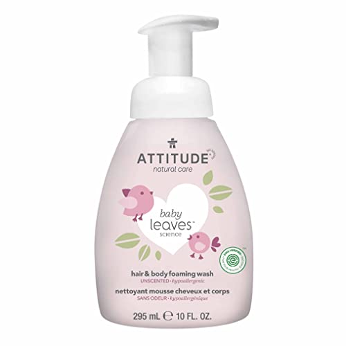 ATTITUDE 2-in-1 Hair and Body Foaming Wash, EWG Verified, Dermatologically Tested, Made with Naturally Derived Ingredients, Vegan, Unscented, 295 mL