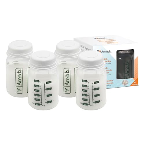 Ameda Breast Milk Storage Bottles, 4-Pieces (4x120 ml) | Fridge & Freezer Safe Breast Pump Bottles, Compatible With Standard Breast Pump Kits, Anti-spill & Anti-leak &, Easy Clean Up