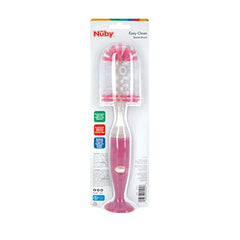 Nuby Easy Clean Dispensing Soft and Durable Bristle Bottle Brush with Textured Handles and Suction Base, 2 in 1 System, Pink