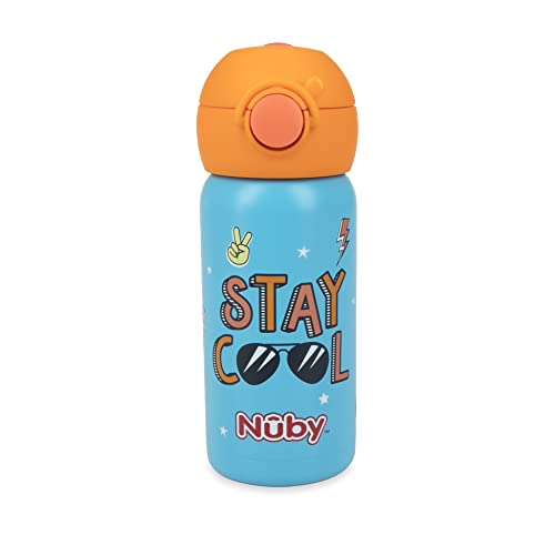 Nuby Thirsty Kids No Spill Flip-It Active Stainless Steel Travel Cup, 14 Oz, Stay Cool Print