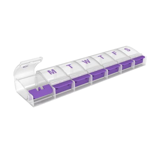 EZY DOSE Weekly (7-day) Push Button Pill Organizer and Planner, Arthritis Friendly, X-Large, Clear Lids, Purple