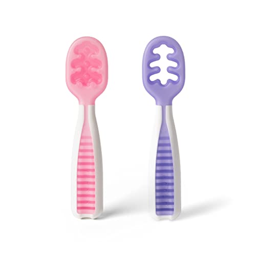 NumNum Pre-Spoon GOOtensils | Baby Spoon Set (Stage 1 + Stage 2) | BPA Free Silicone Baby Utensils for Self Feeding | for Kids Ages 6 Months+, 1-Pack (Two Baby Spoons), Frosty Lilac/Rosebud