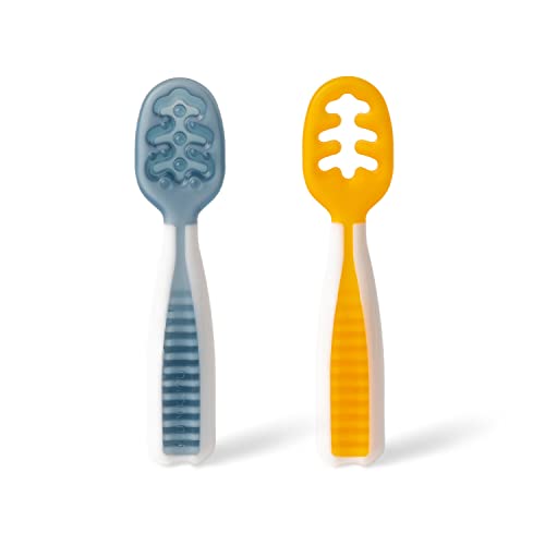 NumNum Baby Spoons Set, Pre-Spoon GOOtensils for Kids Aged 6+ Months - First Stage, Baby Led Weaning (BLW) Teething Spoon - Self Feeding, Silicone Toddler Food Utensils - 2 Spoons, Blue/Orange