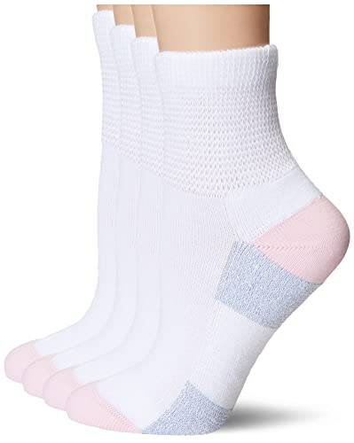 MediPEDS Women's Diabetic Quarter Socks with Nanoglide, 4 Pack, White with Pink, Shoe Size: 5-10