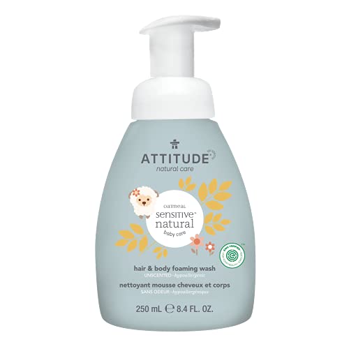 ATTITUDE Foaming Shampoo and Body Wash for Baby with Sensitive Skin, Plant and Mineral-Based Ingredients, Vegan and Cruelty-free Beauty and Personal Care Products, EWG Verified, Unscented, 250 mL