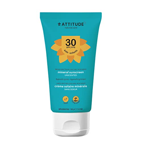 ATTITUDE Sunscreen Cream for Baby and Kids, Broad Spectrum UVA/UVB, Hypoallergenic, Vegan and Cruelty-free Sun Care Products, SPF 30, Unscented, 150 grams