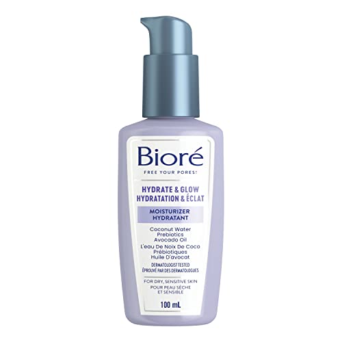 Bioré Hydrate & Glow Moisturizer, Face Cream for Dry, Sensitive Skin, infused with Prebiotics, Avocado Oil and Coconut Water |Dermatologist Tested, Cruelty Free and Fragrance Free (100mL)