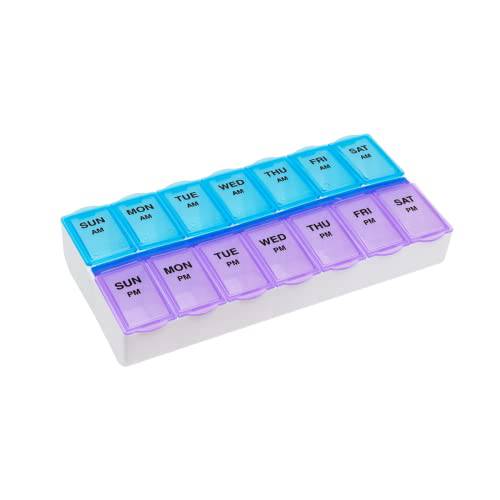 Ezy Dose Weekly (7-Day) AM/PM Pill Organizer, Vitamin Case, And Medicine Box, Large Compartments, 2 Times a Day, Blue and Purple Lids