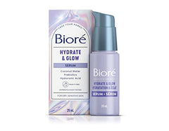 Biore Hydrate & Glow Serum, Face Serum for Dry, Sensitive Skin, infused with Prebiotics, Hyaluronic Acid and Coconut Water |Dermatologist Tested, Cruelty Free and Fragrance Free (29mL), White