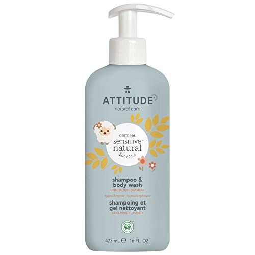 ATTITUDE Shampoo and Body Wash for Baby with Sensitive Skin, EWG Verified, Hypoallergenic, Plant- and Mineral-Based Ingredients, Vegan and Cruelty-Free, Enriched with Oatmeal, Unscented, 473 ml